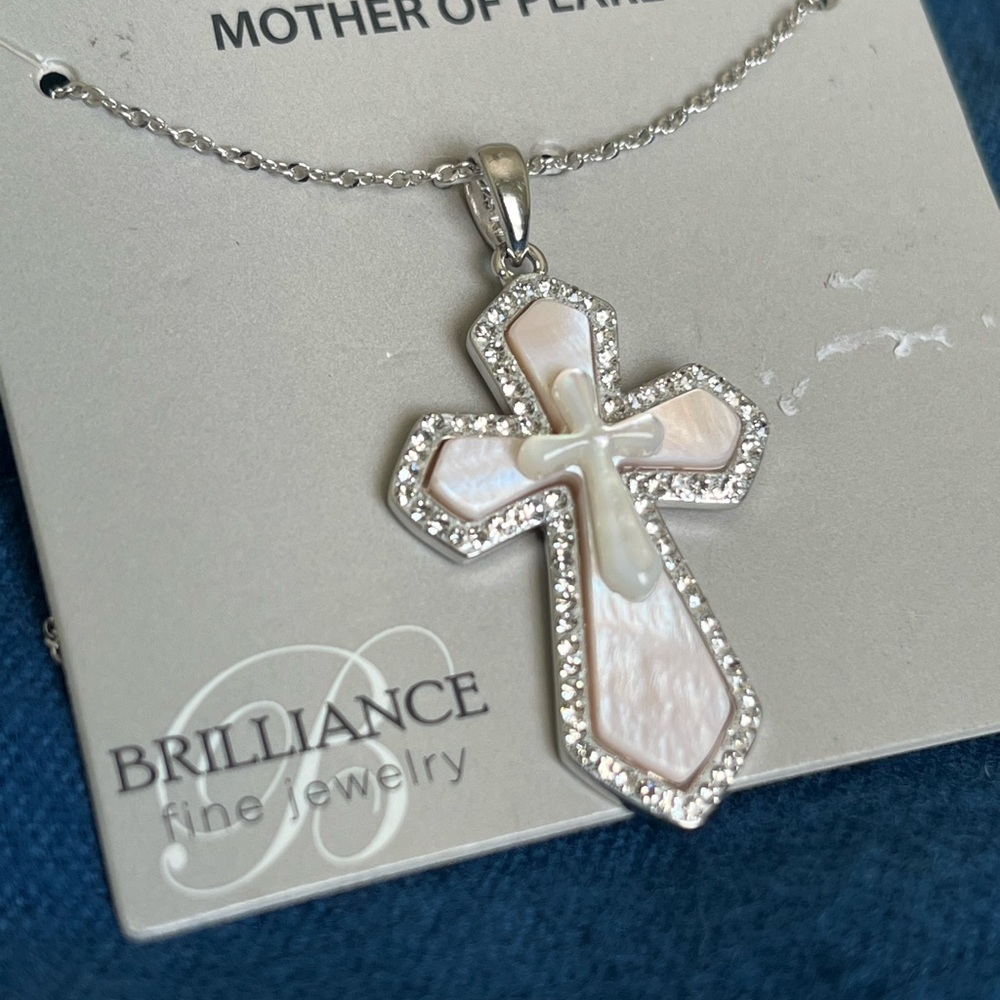 Sterling Silver Mother of pearl  Cross Pendant Necklace,